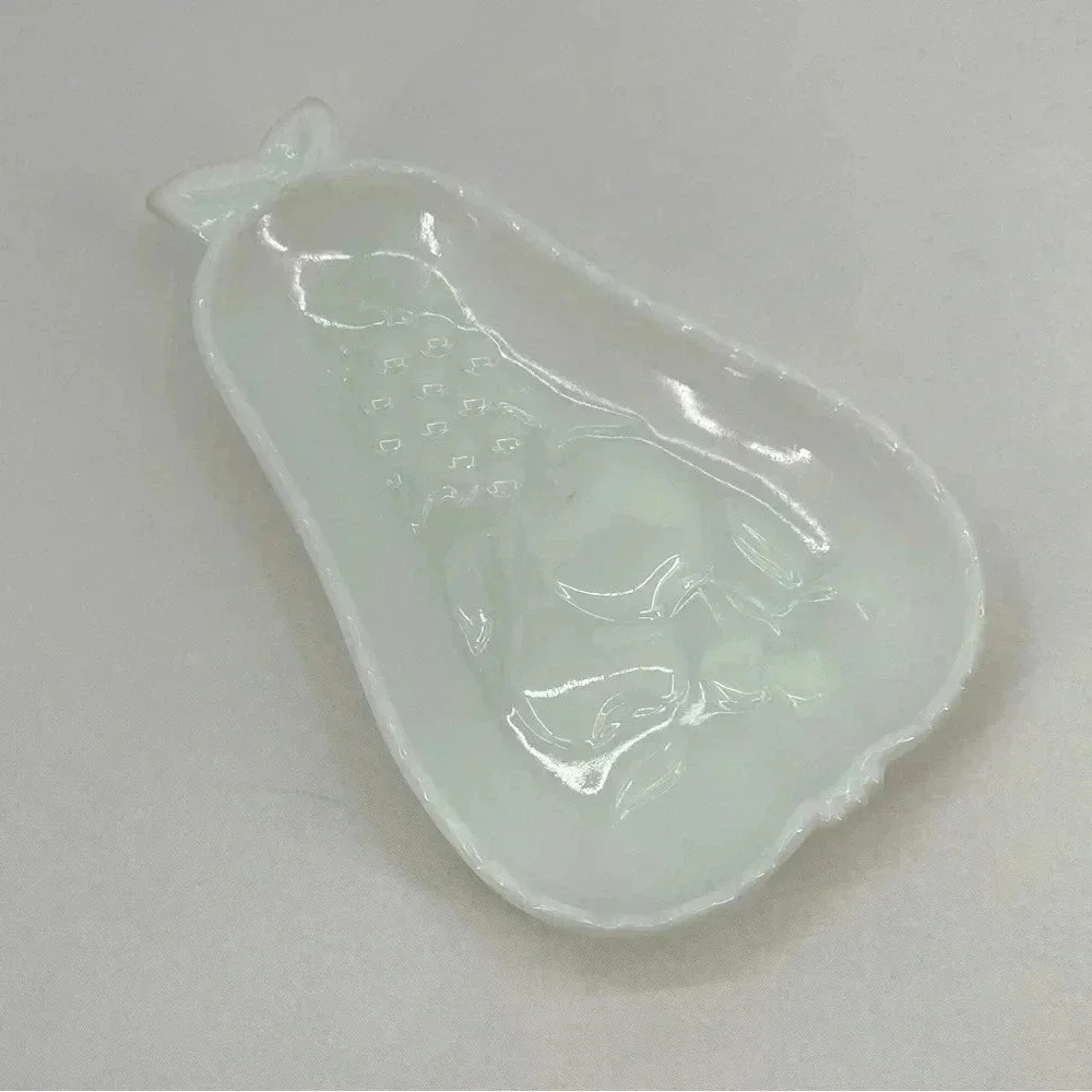 Hazel Atlas Milk Glass Pear Trinket Dish White Fruit Embossed Floral Back 8 Inch